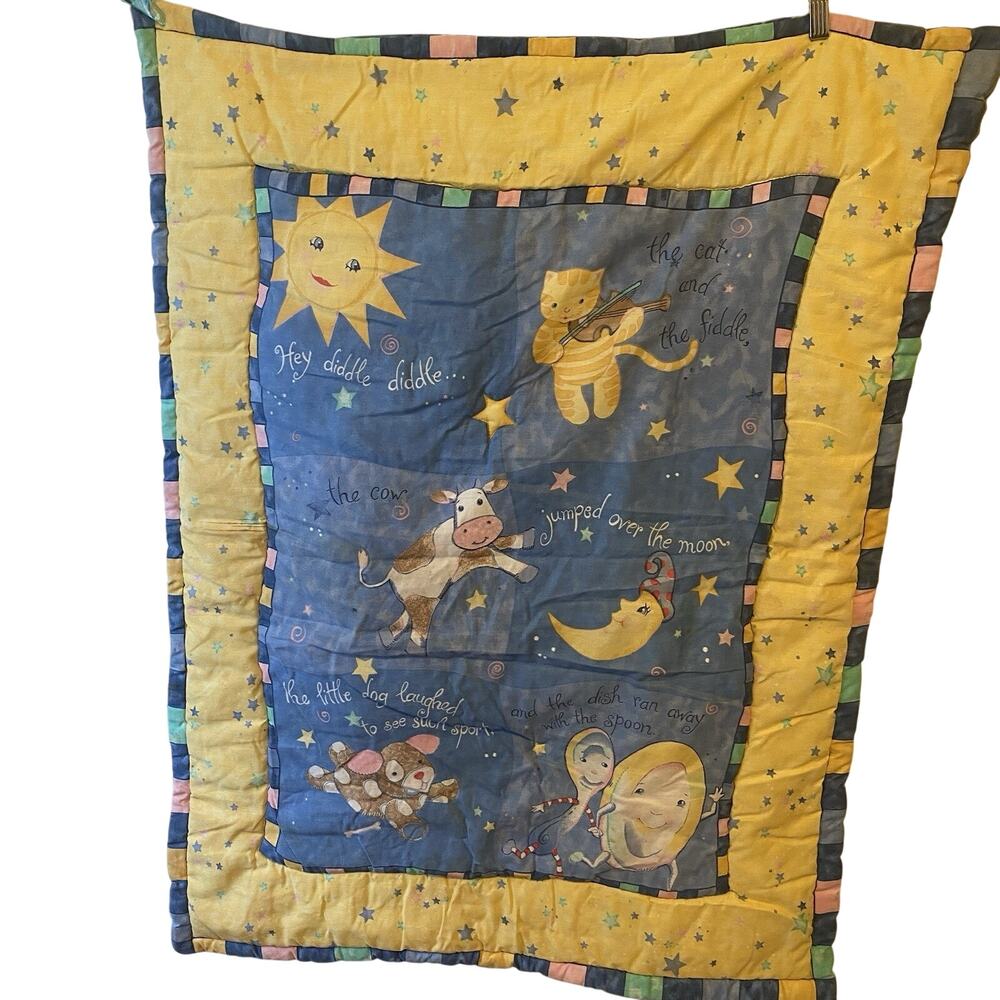 Vtg Hey Diddle Diddle Nursery Rhyme Blanket Ruffled 3D Stars 90s Celestial Moon